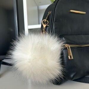 Aldo Black Faux Leather Key & Card Holder with Cream Fur Pom Keychain
